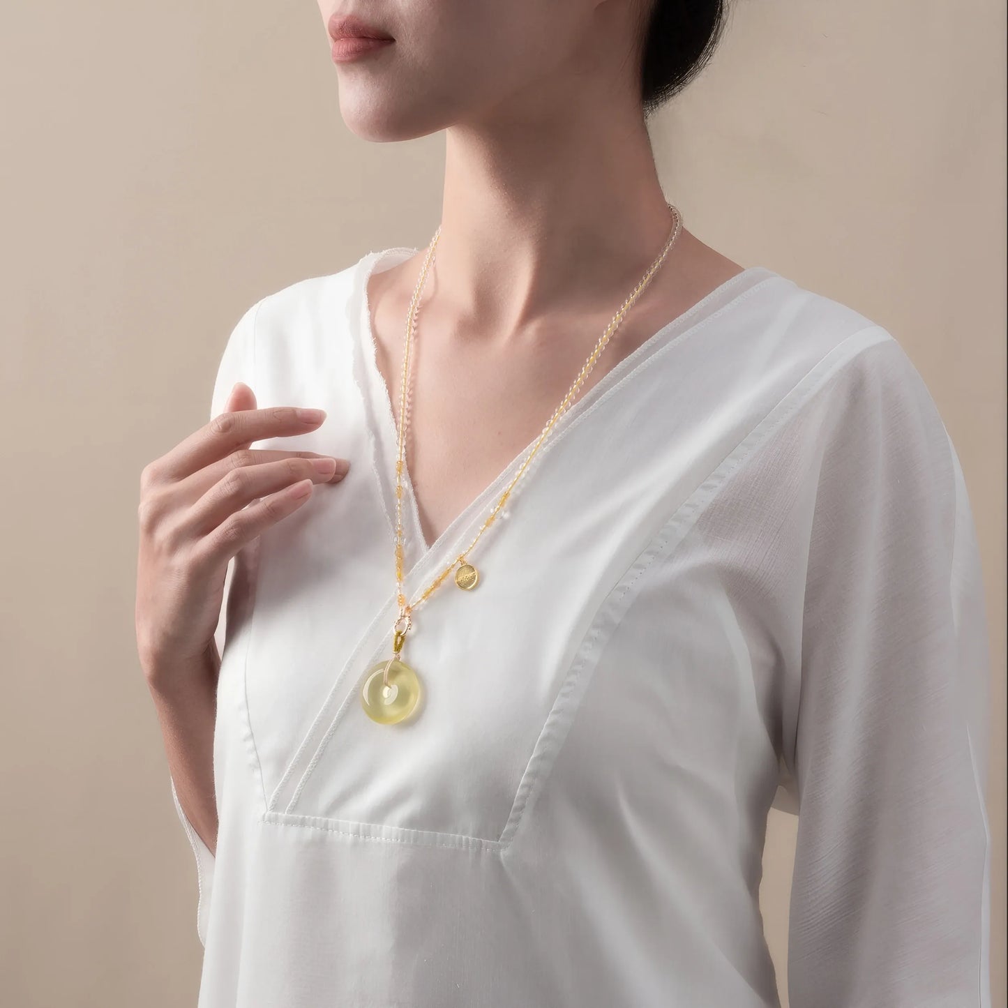 Yellow Citrine “Ping An Kou” Donut Pendant Necklace| Symbol of Peace, Prosperity & Protection