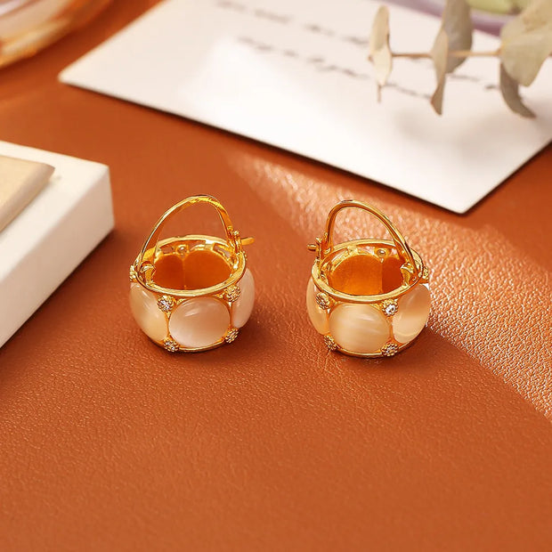 24K Gold-Plated Cat’s Eye Lantern Earrings – Prosperity Basket Earrings for Luck, Energy & Spiritual Protection