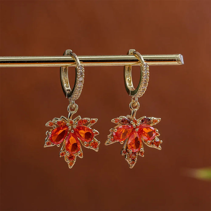 Gold Plated Red Maple Earrings – Lucky Energy Jewelry for Abundance & Romance