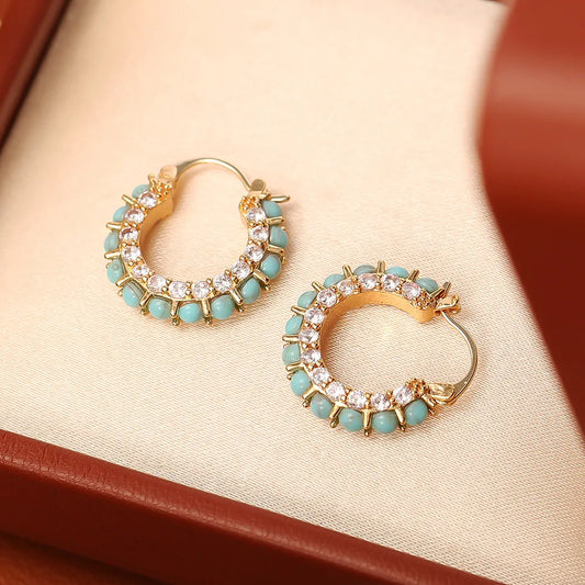 Golden Energy Hoops – Turquoise & Zircon Earrings for Luck, Balance & Clarity