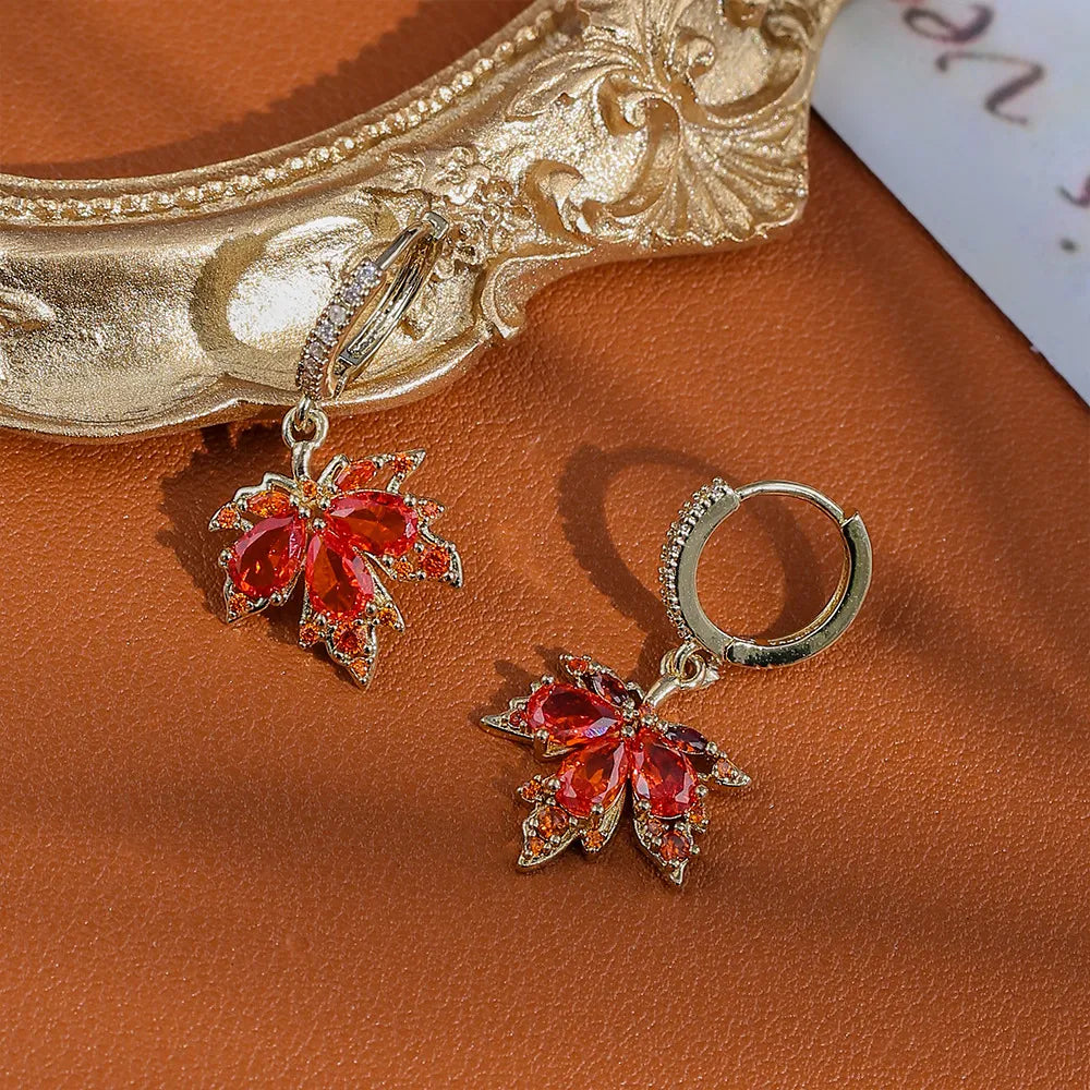 Gold Plated Red Maple Earrings – Lucky Energy Jewelry for Abundance & Romance