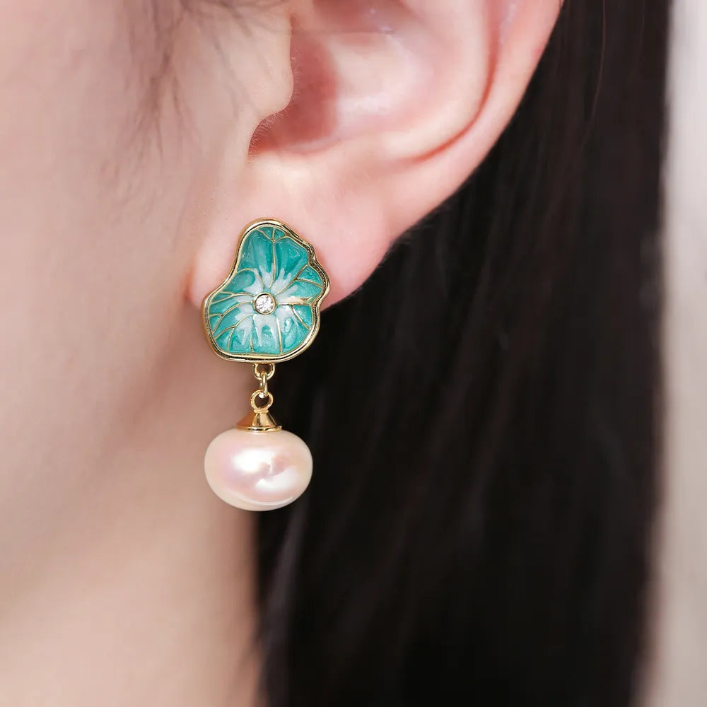 Lotus Leaf & Pearl Harmony Earrings – Chinese Energy Jewelry for Peace and Abundance