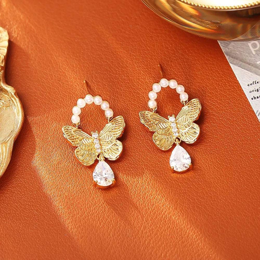 925 Silver Butterfly Earrings with Zircon & Pearl – Gold-Plated Spiritual Jewelry for Transformation, Protection & Luck