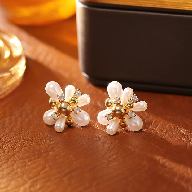 Celestial Pearl Blossom Earrings – Spiritual Energy Jewelry with Zircon Light & Lotus Grace