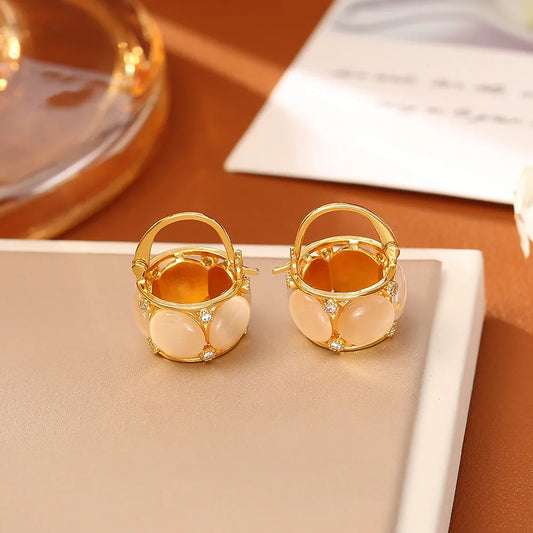 24K Gold-Plated Cat’s Eye Lantern Earrings – Prosperity Basket Earrings for Luck, Energy & Spiritual Protection