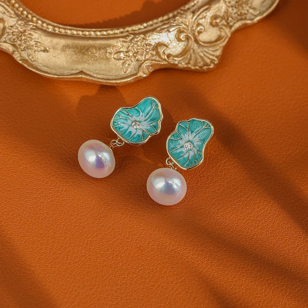 Lotus Leaf & Pearl Harmony Earrings – Chinese Energy Jewelry for Peace and Abundance